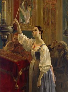 Egy lány gyertyát helyezett az ikon elé, 1842 alkotó: Grigori Karpovich Mikhaylov