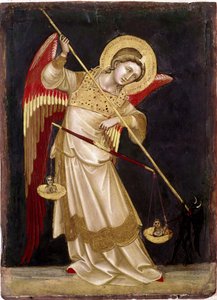 Angyal mérlegen mér egy lelket Guariento di Arpo (1338-1370) fafestménye, 14. századi Museo Civico, Padova