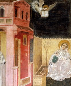 Angyali jelenés, részlet Szent Ágoston látomásából, jelenet a Szent Fülöp és Szent Ágoston történeteiből, Guariento (1338 óta aktív, 1367 körül halt meg), freskó, Eremitani (remeték) templom, Padova, Veneto. Olaszország