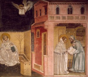 Szent Ágoston látomása, jelenet a Szent Fülöp és Szent Ágoston történeteiből, Guarientotól (aktív 1338-tól, meghalt 1367-ben vagy 1370-ben), freskó, Eremitani templom (remeték), Eremitani templom (remeték), Olaszország alkotó: Guariento di Arpo