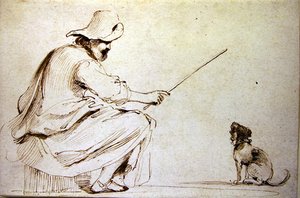 Ülő ember kutyát oktató (toll és barna tinta és mosás papíron) alkotó: Guercino