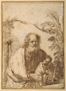 Szent József és a csecsemő Krisztus megragad egy almafa gallyát (toll és tinta papíron) alkotó: Guercino