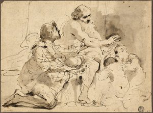 Tanulmány Jákob József fiait áldja meg, 1620 körül (toll és barna tinta, ecsettel, szürke és barna mosással)