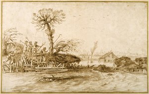 Árvízben lévő folyó, parasztok baltákkal és egyéb eszközökkel (toll és tinta krétával papíron) alkotó: Guercino