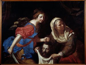 Judit és Holofernész feje. A szolgálólánya, Abra fogja a táskát, míg Judit lefekteti a férfi fejét. Giovanni Francesco Barbieri dit Guercino festménye (A Guerchin alkotó: Guercino