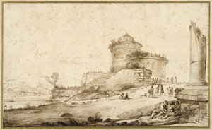 Táj törött oszloppal, várral és számos figurával az előtérben jobbra (toll és tinta papíron) alkotó: Guercino