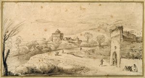 Táj kanyargós kapuházzal és kanyargós úttal (toll és tinta papíron) alkotó: Guercino