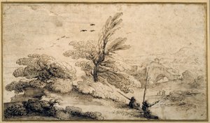 Táj két halász pihenővel (toll és tinta papíron) alkotó: Guercino