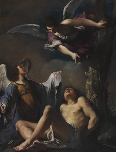Szent Sebestyént két angyal segítette alkotó: Guercino