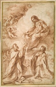 A „Madonna del Rosario” Szent Domonkossal és Sienai Szent Katalinnal (vörös kréta papíron) alkotó: Guercino
