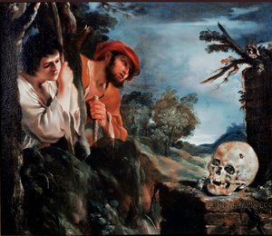 Az Arcadia Men pásztorai a görögországi Peloponnészosz szigetének sírja körül. Giovanni Francesco Barbieri festménye (Vanita), Guerchin dit Il Guercino (1591-1666) 1618 Róma környékén, Galleria Corsini alkotó: Guercino