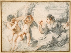 Vénusz szidja Ámort, míg egy idősebb Ámor egy fához köti (fekete-piros kréta a papíron) alkotó: Guercino