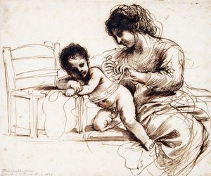 Anya és gyermeke egy szék mellett, alkotó: Guercino