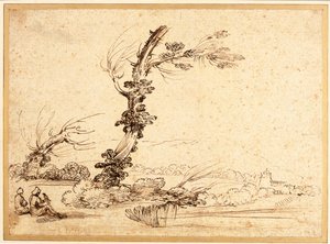 Táj solymászokkal egy fa mellett alkotó: Guercino