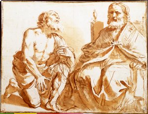 Ülő püspök és térdelő szent alkotó: Guercino