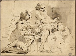 Tanulmány Jákob számára József fiainak megáldása (recto); Vázlatok: Szent Kristóf; Két figura a pénzről szóló beszélgetésben (fordítva) alkotó: Guercino
