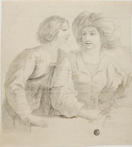 Két fiatal nő, egy turbánt viselő, beszélgetés közben alkotó: Guercino