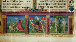 Ádám és Éva teremtése és megkísértése az Este-ház címerével, a Bible des Chartreux-ból