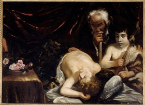 Az alvó gyermek Jézus Keresztelő Szent Jánossal és Szent Józseffel Guido Cagnacci (1601-1681) festménye. 1630-1640. Mérete 0,94x1,31 m Chantilly, Conde múzeum