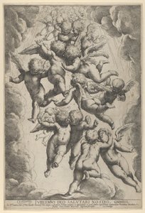 Repülés közben ölelkező angyalcsoport, amelyet felhők kereteznek, kb. 1607., kb. 1607. alkotó: Guido Reni