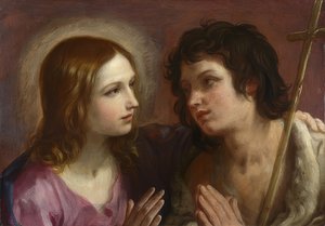 Krisztus átöleli Keresztelő Jánost. 1640 körül alkotó: Guido Reni