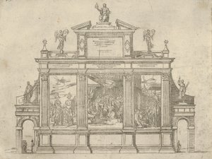 Nyolc. Kelemen pápa tetteit ábrázoló diadalemlék homlokzata három jelenettel, a t..., 1598. alkotó: Guido Reni