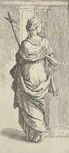 Feszületet hordozó, pilaszter felé lépkedő lány hátulról nézve kb. 15..., kb. 1590-1600. alkotó: Guido Reni