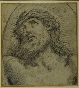 A keresztre feszített élő Krisztus feje és válla (fekete kréta a carta azzurrán) alkotó: Guido Reni