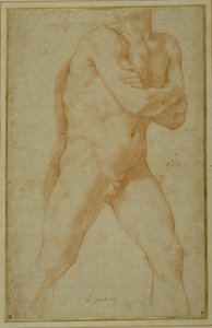 Meztelen férfi előrelép, karba tett kézzel, és a jobb váll fölött néz (piros kréta krémpapíron) alkotó: Guido Reni