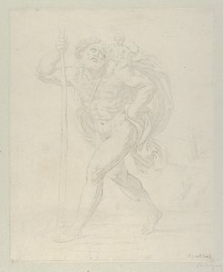 Szent Kristóf a csecsemő Krisztussal a bal vállán sétál, ellenpro..., kb. 1600-1640. alkotó: Guido Reni