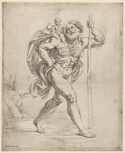 Szent Kristóf a csecsemő Krisztussal a jobb vállán sétál, kb. 1600-1640. alkotó: Guido Reni