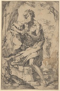 Szent Jeromos egy sziklán térdel a kereszt előtt és egy nyitott könyv balra néz,..., kb. 1600-1640. alkotó: Guido Reni
