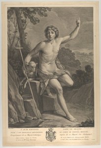 Keresztelő Szent János a sivatagban, egy sziklán ülve bal oldalával felfelé mutat, 1770 alkotó: Guido Reni