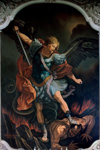 V. M. De Girolamo (XX. század) festménye: Szent Mihály arkangyal terrassírozza a sárkányt Guido Reni nyomán. 1957 alkotó: Guido Reni
