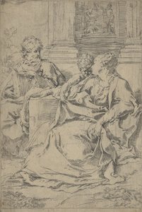 A Szent Család együtt ül egy kolonád előtt, Szent József olvas és..., kb. 1590-1610. alkotó: Guido Reni