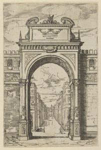 Diadalív, amelyet Mózes szobra felülmúl, épületek a boltíven keresztül lent, egy t..., 1598. alkotó: Guido Reni