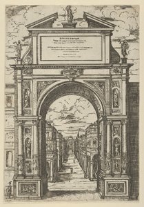 Diadalív, amelyet Bologna városát ábrázoló szobor, épületek láthatók, 1598. alkotó: Guido Reni
