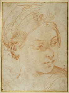 Fiatal nő feje, a bal válla fölött átnézve (vörös kréta fehér papíron) alkotó: Guido Reni