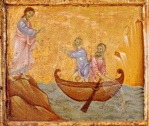 Csodálatos halfogás, részlet a Guido da Siena (1250 körül -1300) által készített Szent Péter trónolva című Antependiumból, tempera és arany, fa