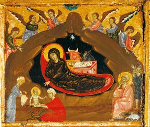 Születés, részlet a Guido da Siena által trónolt Szent Péter Antependiumból (kb. 1250-1300), tempera és arany fán