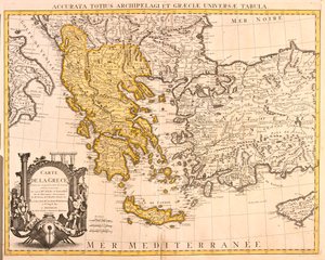 Albánia, Görögország nagy része (kivéve északkelet), Macedón Köztársaság nagy része (kivéve észak). alkotó: Guillaume Delisle