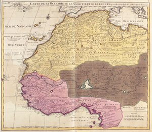 Barbary (Marokkó, Algéria, Tunézia, Líbia), Negritude (Mali, Burkina Faso, Niger) és Guinea (Szenegál, Guinea, Sierra Leone, Libéria, Elefántcsontpart, Ghána, Togo, Benin, Nigéria) térképe (rézkarc)