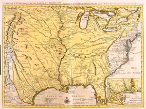 Louisiana (USA) és a Mississippi folyó térképe (rézkarc alkotó: Guillaume Delisle