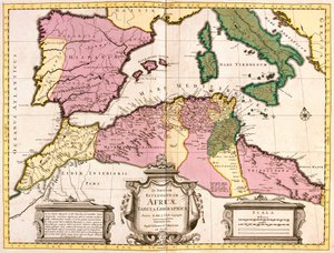 Észak-Afrika (Mauritánia, Marokkó, Algéria, Tunézia, Líbia) és Európa (Spanyolország, Portugália, Franciaország, Olaszország, Görögország a Baleár-szigetekkel, Szardínia, Korzika és Szicília) térképe (rézkarc