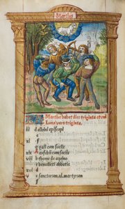 Nyomtatott Órakönyv (római használat): fol. 4v, márciusi naptárillusztráció alkotó: Guillaume Le Rouge