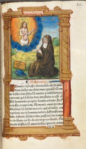 Nyomtatott Órakönyv (római használat): fol. 90r, Szent Brigitta imádkozik Krisztus megjelenése előtt. alkotó: Guillaume Le Rouge