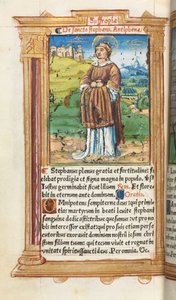 Nyomtatott órakönyv Róma használata: fol. 100v, Szent István, 1510. alkotó: Guillaume Le Rouge