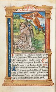 Nyomtatott órakönyv Róma használata: fol. 106v, Assisi Szent Ferenc, 1510. alkotó: Guillaume Le Rouge