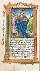 Nyomtatott órakönyv Róma használata: fol. 110v, Szent Borbála, 1510. alkotó: Guillaume Le Rouge