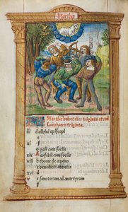 Nyomtatott órakönyv Róma használata: fol. 4v, márciusi naptári illusztráció, 1510. alkotó: Guillaume Le Rouge